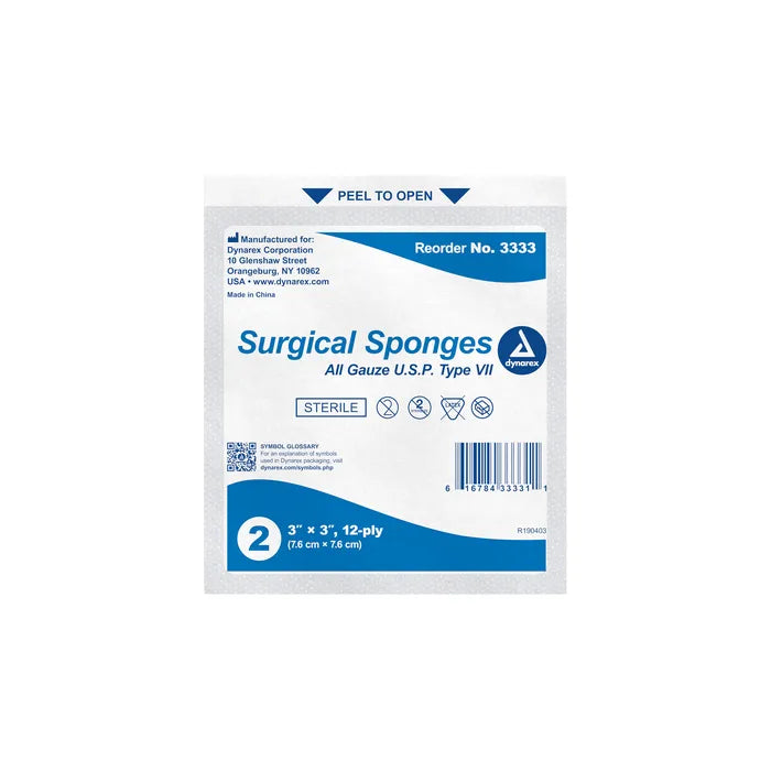 Dynarex Sterile Gauze Sponges, 2 per pack, 3" x 3", 12 Ply