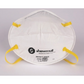 Image of a white N95 mask with yellow elastic head straps.